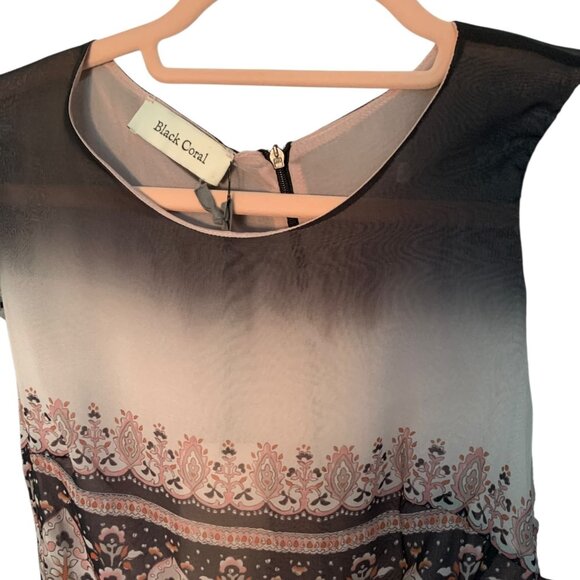 Black Coral Italian Chiffon Paisley Floral Lace Sleeve Dress Size 38 Small NWT - Picture 10 of 14